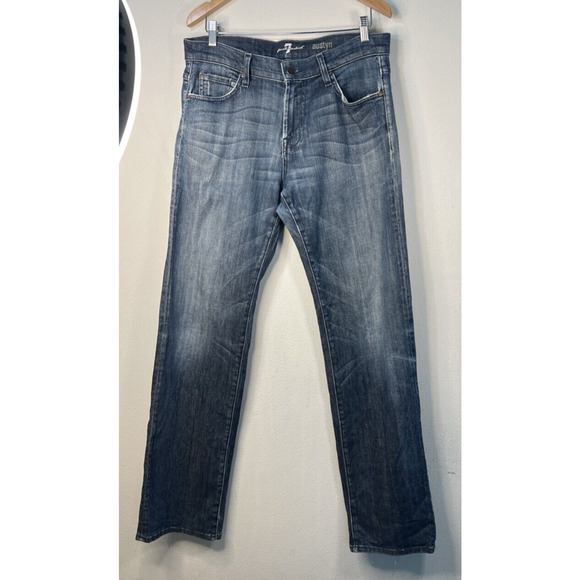7 For All Mankind Jeans size 33 Blue Austyn Regular Fit Straight Leg Stretch - Picture 1 of 12